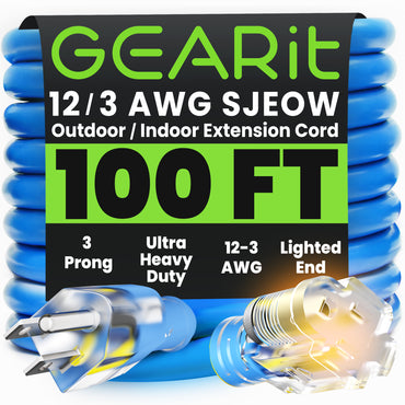 12/3 SJEOW Heavy Duty Outdoor Extension Cord, 100 Feet