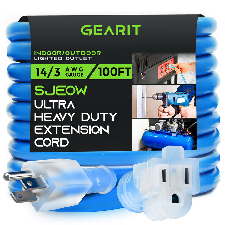 GearIT 14/3 Outdoor Extension Cord 100 Feet - SJEOW - Extreme Weather Resistant - 14 Gauge 3 Prong, Blue - GearIT
