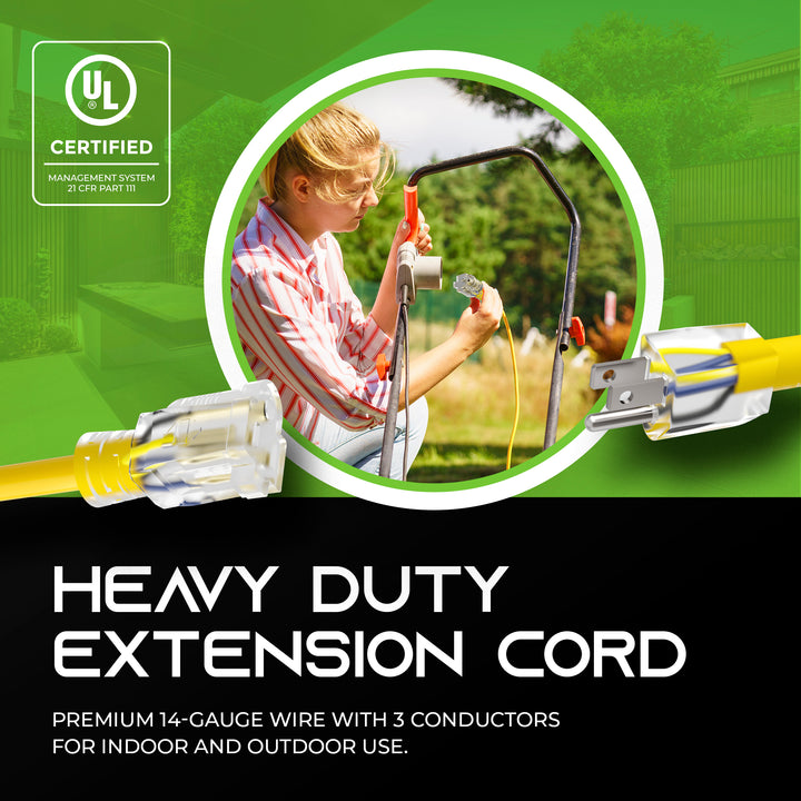 GearIT 14/3 Outdoor Extension Cord 100 Feet - SJTW - Weather Resistant - 14 Gauge 3 Prong, Yellow - GearIT