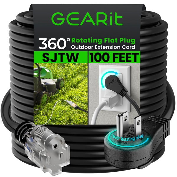 GEARit 360 Rotating Plug Indoor Outdoor Extension Cord Power Cable for Outdoor Landscaping, Lights - Waterproof