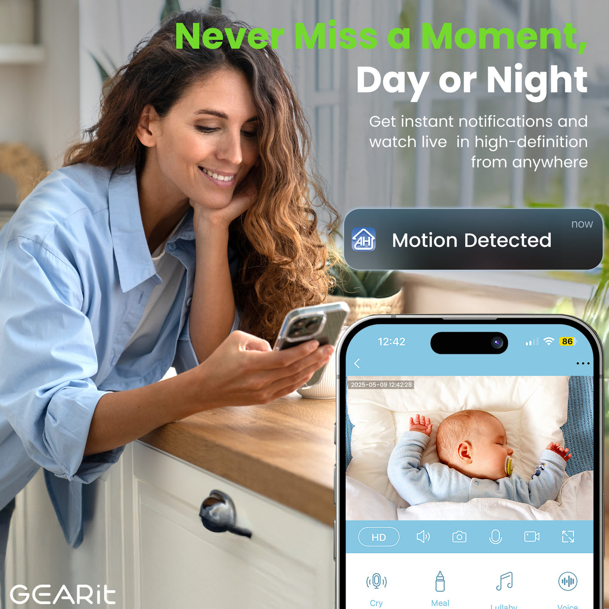 GEARit Wifi Baby Monitor Camera with Motion & Sound Detection - 2K Vid