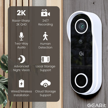 GEARit Smart Video Doorbell - Wireless 2K QHD Video Camera - IP65 Weather-Proof, Motion Detection, 2 Way Audio