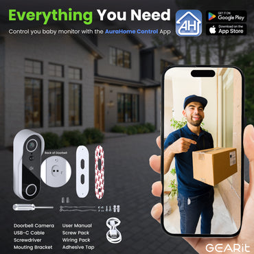 GEARit Smart Video Doorbell - Wireless 2K QHD Video Camera - IP65 Weather-Proof, Motion Detection, 2 Way Audio