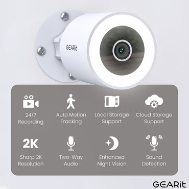 GEARit Wifi Outdoor Security Camera - 2K Video, IP65 Weatherproof, Motion Detection, Night Vision