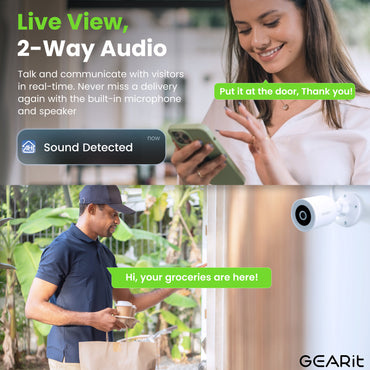 GEARit Wifi Outdoor Security Camera - 2K Video, IP65 Weatherproof, Motion Detection, Night Vision