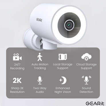 GEARit Wifi Motion Tracking Outdoor Security Camera - 2K Video, IP65 Weatherproof, Night Vision
