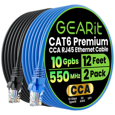 Cat6 Ethernet Patch Cable (2-Pack) - CCA Network Cord - UTP, Black & Blue
