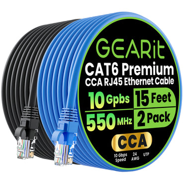 Cat6 Ethernet Patch Cable (2-Pack) - CCA Network Cord - UTP, Black & Blue