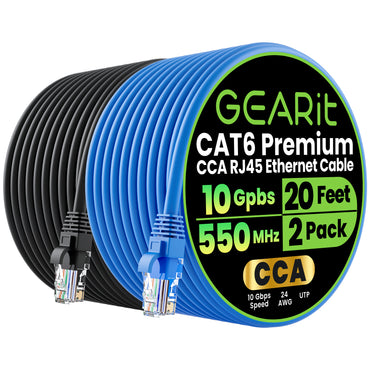 Cat6 Ethernet Patch Cable (2-Pack) - CCA Network Cord - UTP, Black & Blue