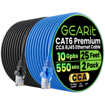 Cat6 Ethernet Patch Cable (2-Pack) - CCA Network Cord - UTP, Black & Blue