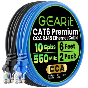 Cat6 Ethernet Patch Cable (2-Pack) - CCA Network Cord - UTP, Black & Blue