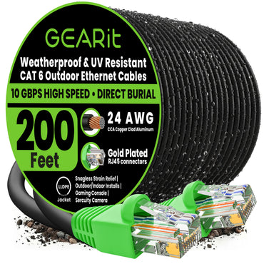 color_black | Cat6 CCA Outdoor Ethernet Cable for Direct Burial - Black / 200 Feet, image 1