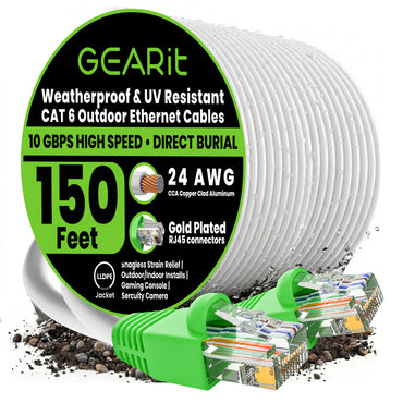 color_white | Cat6 CCA Outdoor Ethernet Cable for Direct Burial - White / 150 Feet, image 1