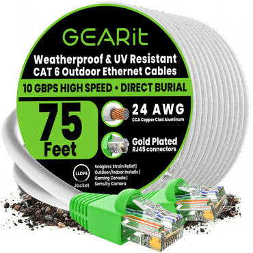 color_white | Cat6 CCA Outdoor Ethernet Cable for Direct Burial - White / 75 Feet, image 1