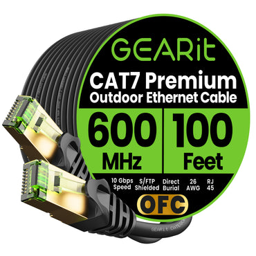 Cat7 Outdoor Ethernet Patch Cable - SFTP Shielded Foil Twisted Pair - Waterproof, Black