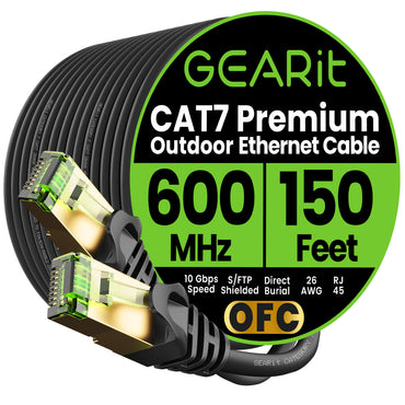 Cat7 Outdoor Ethernet Patch Cable - SFTP Shielded Foil Twisted Pair - Waterproof, Black