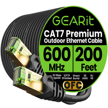 Cat7 Outdoor Ethernet Patch Cable - SFTP Shielded Foil Twisted Pair - Waterproof, Black