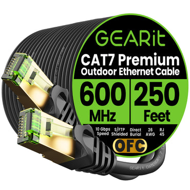 Cat7 Outdoor Ethernet Patch Cable - SFTP Shielded Foil Twisted Pair - Waterproof, Black