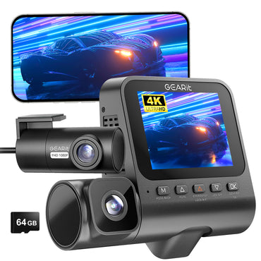GEARit 3-Channel 4K Dash Cam - Front, Inside & Rear with GPS & Night Vision, 64GB Included