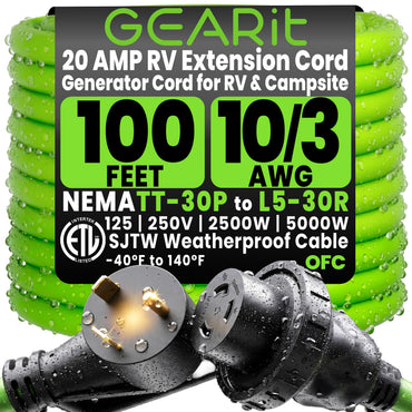 GEARit - RV Power Extension Cord - NEMA TT-30P to L5-30R Twist Locking, 125V, 10 AWG STW
