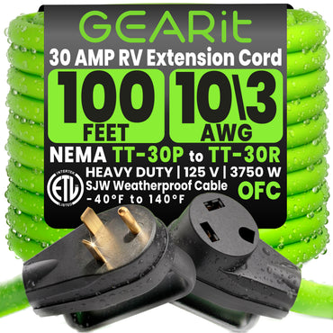 30-Amp Extension Cord for RV and Auto, 125-Volt, 3-Prong, 10/3 STW 10AWG Gauge 3 Wire, NEMA TT-30P to TT-30R, Outdoor, Waterproof, Outdoor Camper Power Cord