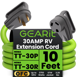 30-Amp Extension Cord for RV and Auto, 125-Volt, 3-Prong, 10/3 STW 10AWG Gauge 3 Wire, NEMA TT-30P to TT-30R, Outdoor, Waterproof, Outdoor Camper Power Cord