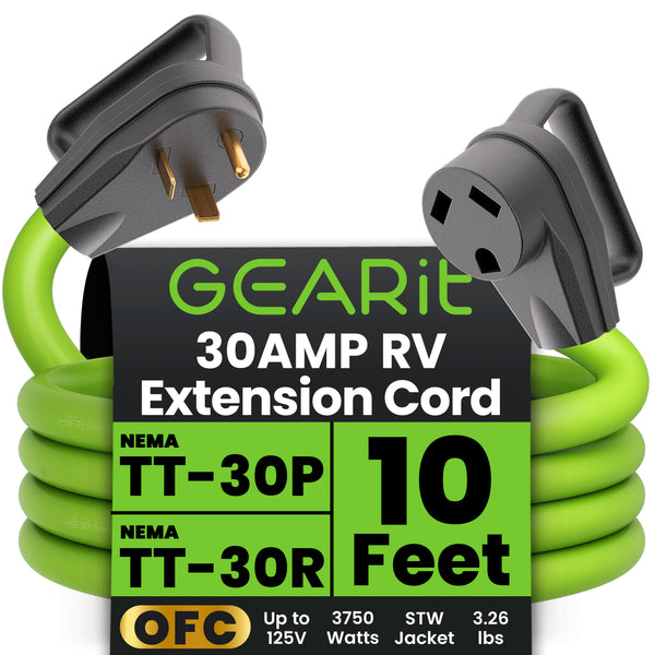 30-Amp Extension Cord for RV and Auto, 125-Volt, 3-Prong, 10/3 STW 10AWG Gauge 3 Wire, NEMA TT-30P to TT-30R, Outdoor, Waterproof, Outdoor Camper Power Cord