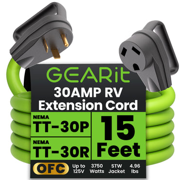 30-Amp Extension Cord for RV and Auto, 125-Volt, 3-Prong, 10/3 STW 10AWG Gauge 3 Wire, NEMA TT-30P to TT-30R, Outdoor, Waterproof, Outdoor Camper Power Cord