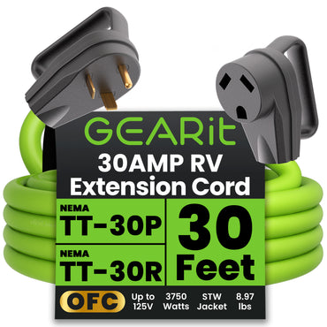 30-Amp Extension Cord for RV and Auto, 125-Volt, 3-Prong, 10/3 STW 10AWG Gauge 3 Wire, NEMA TT-30P to TT-30R, Outdoor, Waterproof, Outdoor Camper Power Cord