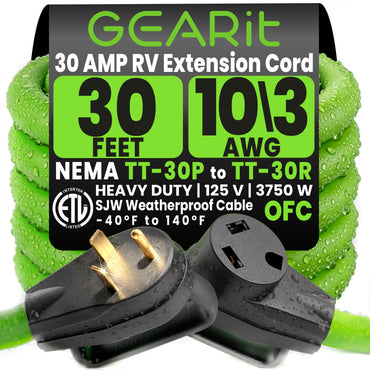 30-Amp Extension Cord for RV and Auto, 125-Volt, 3-Prong, 10/3 STW 10AWG Gauge 3 Wire, NEMA TT-30P to TT-30R, Outdoor, Waterproof, Outdoor Camper Power Cord