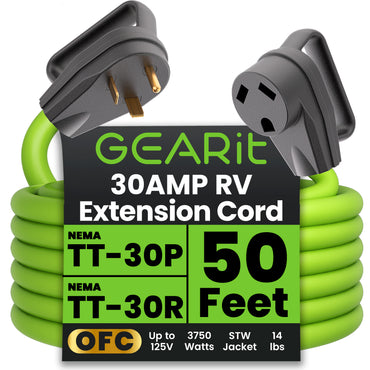 30-Amp Extension Cord for RV and Auto, 125-Volt, 3-Prong, 10/3 STW 10AWG Gauge 3 Wire, NEMA TT-30P to TT-30R, Outdoor, Waterproof, Outdoor Camper Power Cord