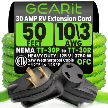 30-Amp Extension Cord for RV and Auto, 125-Volt, 3-Prong, 10/3 STW 10AWG Gauge 3 Wire, NEMA TT-30P to TT-30R, Outdoor, Waterproof, Outdoor Camper Power Cord