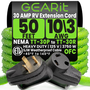 30-Amp Extension Cord for RV and Auto, 125-Volt, 3-Prong, 10/3 STW 10AWG Gauge 3 Wire, NEMA TT-30P to TT-30R, Outdoor, Waterproof, Outdoor Camper Power Cord