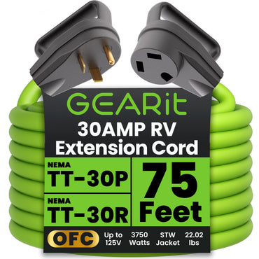 30-Amp Extension Cord for RV and Auto, 125-Volt, 3-Prong, 10/3 STW 10AWG Gauge 3 Wire, NEMA TT-30P to TT-30R, Outdoor, Waterproof, Outdoor Camper Power Cord