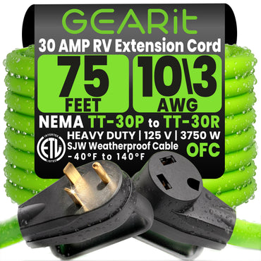 30-Amp Extension Cord for RV and Auto, 125-Volt, 3-Prong, 10/3 STW 10AWG Gauge 3 Wire, NEMA TT-30P to TT-30R, Outdoor, Waterproof, Outdoor Camper Power Cord
