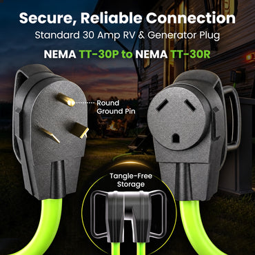 30-Amp Extension Cord for RV and Auto, 125-Volt, 3-Prong, 10/3 STW 10AWG Gauge 3 Wire, NEMA TT-30P to TT-30R, Outdoor, Waterproof, Outdoor Camper Power Cord