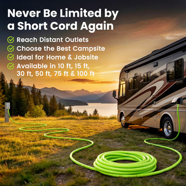 30-Amp Extension Cord for RV and Auto, 125-Volt, 3-Prong, 10/3 STW 10AWG Gauge 3 Wire, NEMA TT-30P to TT-30R, Outdoor, Waterproof, Outdoor Camper Power Cord