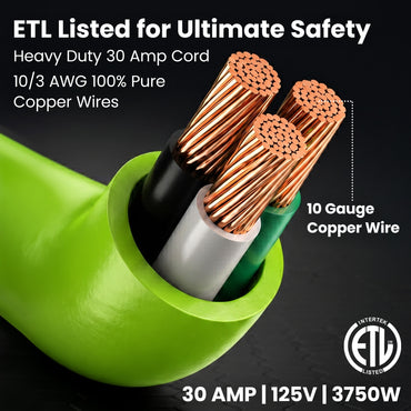 30-Amp Extension Cord for RV and Auto, 125-Volt, 3-Prong, 10/3 STW 10AWG Gauge 3 Wire, NEMA TT-30P to TT-30R, Outdoor, Waterproof, Outdoor Camper Power Cord