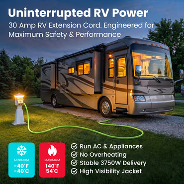30-Amp Extension Cord for RV and Auto, 125-Volt, 3-Prong, 10/3 STW 10AWG Gauge 3 Wire, NEMA TT-30P to TT-30R, Outdoor, Waterproof, Outdoor Camper Power Cord