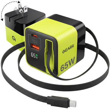GEARit 65W GaN Charger with Built-In Retractable USB-C Cable — 3-Port Fast Charger