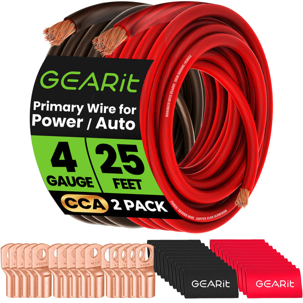 4 Gauge Wire Amp Wiring Kit (25 feet Each - Black & Red) Include 15 Lugs, 20 Heat Shrink Wrap, CCA Wire