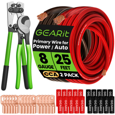 GEARit 8 Gauge CCA Ground Wire Kit - 25 ft Black & Red with Crimper, Cutter, Lugs, Heat Shrink