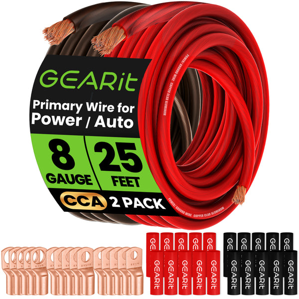 8 Gauge Wire Amp Wiring Kit (25 feet Each - Black & Red) Include 15 Lugs, 20 Heat Shrink Wrap, CCA Wire