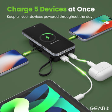 GEARit 5-in-1 10000mAh Power Bank Wireless MagSafe Charging with Built-in Cables