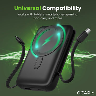 GEARit 5-in-1 10000mAh Power Bank Wireless MagSafe Charging with Built-in Cables