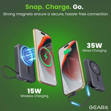 GEARit 10000mAh Qi2 Wireless Charging MagSafe Power Bank with Built-in USB-C Cable