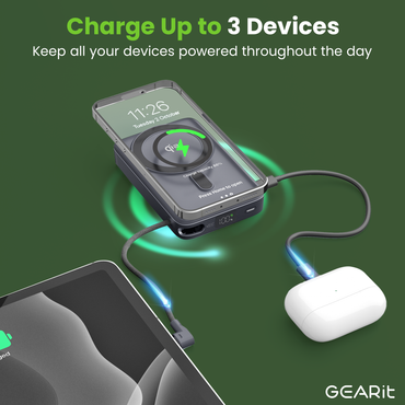 GEARit 10000mAh Qi2 Wireless Charging MagSafe Power Bank with Built-in USB-C Cable