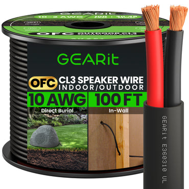 10 AWG Direct Burial Outdoor Speaker Wire - CL3 Rated - Oxygen Free Copper (OFC), Black