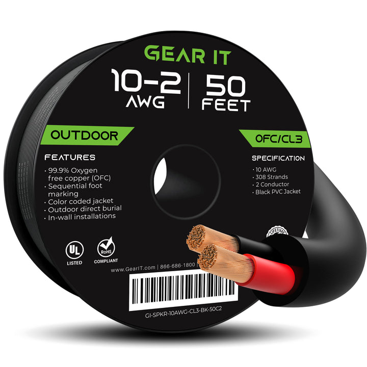 GearIT 10 AWG Direct Burial Outdoor Speaker Wire - CL3 Rated - Oxygen Free Copper (OFC), Black - GearIT