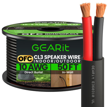 10 AWG Direct Burial Outdoor Speaker Wire - CL3 Rated - Oxygen Free Copper (OFC), Black